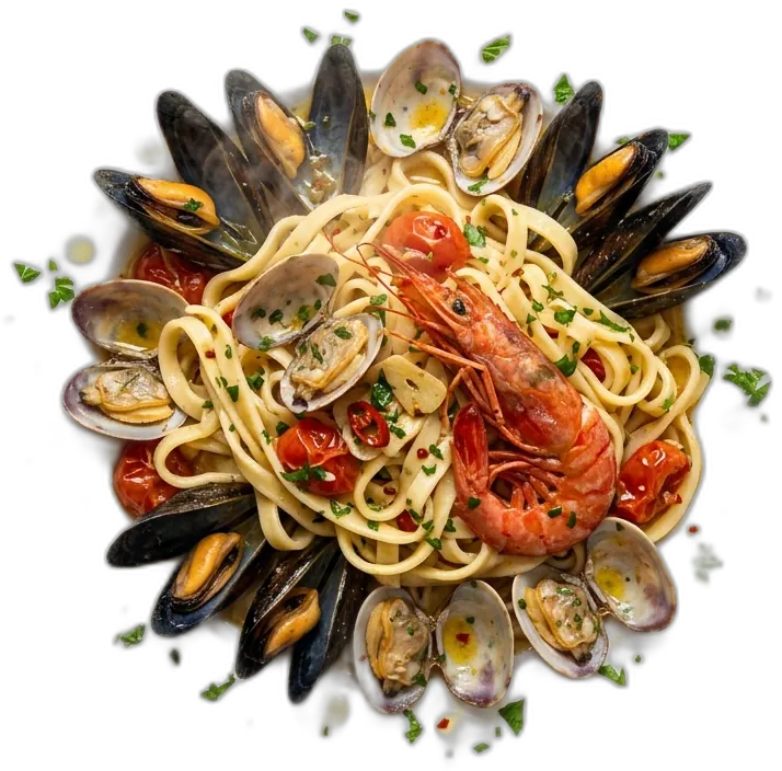 Scialatielli frais aux fruits de mer avec moules, palourdes, crevette rouge et tomates cerises